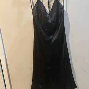 Black Backless Slip Dress with Floral Cutout Detail